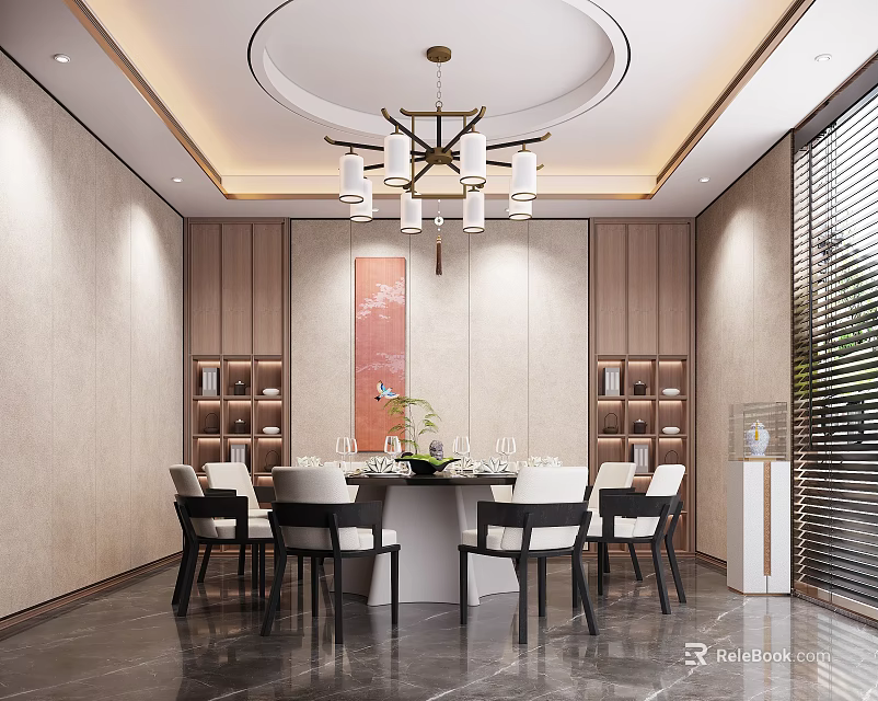 Chinese Private Dining Room With Round Table Chairs Pendant Light Decorative Painting And Wine Cabinets 3d model 
