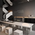Modern Tea House Interior With Long White Table Black Walls And Staircase