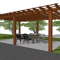 Wooden Pergola With Dining Table And Chairs In Grass Surrounded Patio