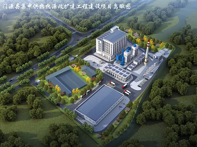 Industrial Plant Construction Expansion Project Aerial View With Central Heating Source Green Trees And Roads 3d model