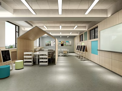School Open Modern Classroom Interior With Wooden Structures Desks Chairs Whiteboard And Storage Cabinets 3d model