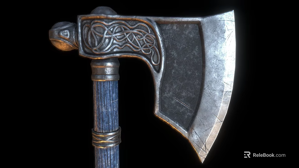 Ancient Nordic Axe With Intricate Carvings On Metal Blade And Blue Handle 3d model 