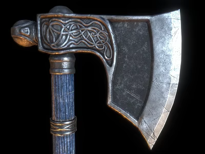 Ancient Nordic Axe With Intricate Carvings On Metal Blade And Blue Handle 3d model
