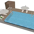Outdoor Lounge Chairs by Swimming Pool with Umbrella and Wooden Deck