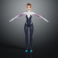 3D Model Female Character Standing in Black Bodysuit With Purple Stripes and Blue Shoes 3d model