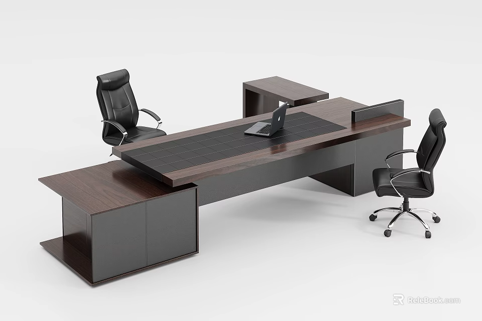 Dark Wooden Office Desk With Spacious Surface Black Leather Chairs And Laptop 3d model 