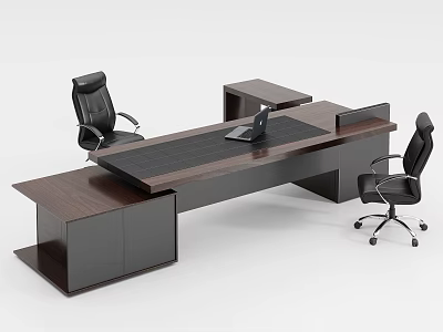 Dark Wooden Office Desk With Spacious Surface Black Leather Chairs And Laptop 3d model