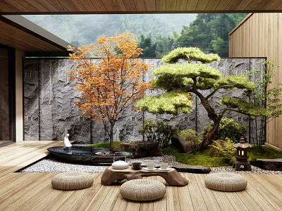 Serene Courtyard Garden With Stone Wall Water Feature Orange Maple Green Pine And Wooden Deck 3d model