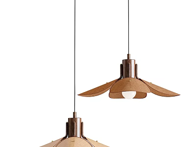 Two Modern Pendant Lights With Petal Shaped Wooden Shades And Metal Frames 3d model