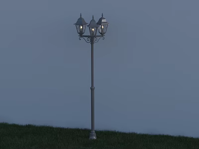 Classic Outdoor Light With Triple Head Design On Metal Pole And Grass Area 3d model