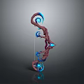 Detailed Fantasy 3D Model With Curved Red Body And Blue Glowing Decorative Nodes