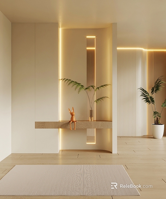 Modern Wooden Shoe Cabinet In Beige Interior With Warm Yellow Lighting Plants And Vertical Stripes 3d model 