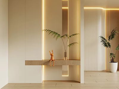 Modern Wooden Shoe Cabinet In Beige Interior With Warm Yellow Lighting Plants And Vertical Stripes 3d model