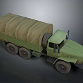 Green Military Truck With Canvas Covered Cargo Bed And Six Wheel Design