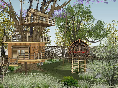 Scenic Multiple Tree Houses With Wooden Walkway And Lush Greenery In Natural Setting 3d model