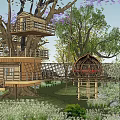 Scenic Multiple Tree Houses With Wooden Walkway And Lush Greenery In Natural Setting