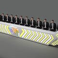 Men in Suits Standing Behind Long Table With World Map and Yellow White Stripe Decor