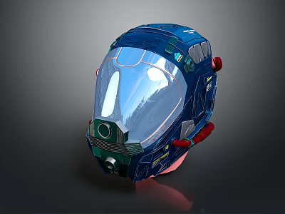 Futuristic Blue Helmet With Transparent Visor And Red Mechanical Accents 3d model