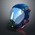 Futuristic Blue Helmet With Transparent Visor And Red Mechanical Accents