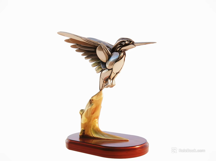 Decorative Ornament Set With Hummingbird Figurine Colorful Wings And Wooden Base 3d model 