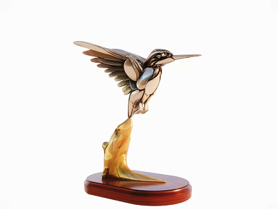 Decorative Ornament Set With Hummingbird Figurine Colorful Wings And Wooden Base 3d model