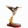 Decorative Ornament Set With Hummingbird Figurine Colorful Wings And Wooden Base