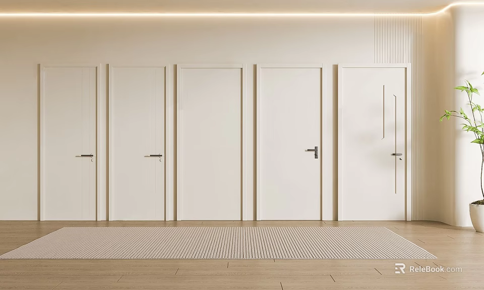 White Modern Hinged Doors in Minimalist Interior With Wooden Floor and Light Rug 3d model 