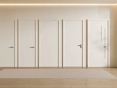 White Modern Hinged Doors in Minimalist Interior With Wooden Floor and Light Rug 3d model