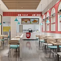 Casual Restaurant Interior with Red Walls Arched Windows Menu Boards Order Counter and Pendant Lights