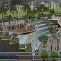 Modern Commercial Street in Evening with Buildings Green Plants Fountains Pedestrians Lighting and Outdoor Seating