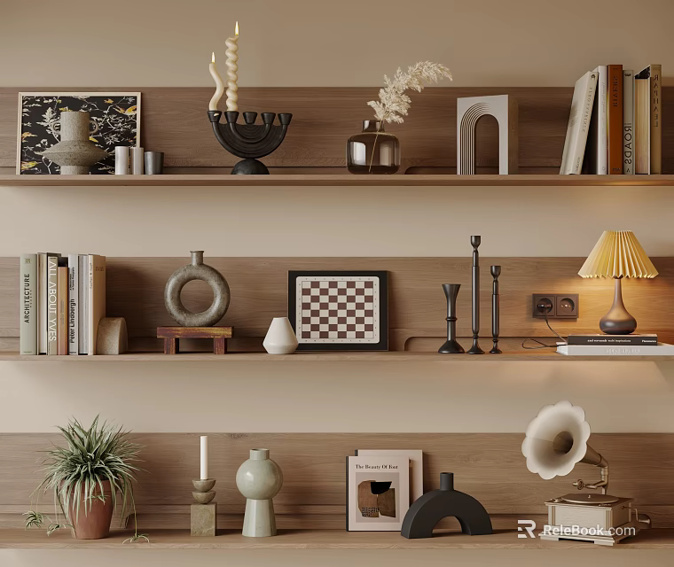 Modern Home Shelf Decorative Ornament Set With Books Vase Chessboard Table Lamp Gramophone And Plant 3d model 