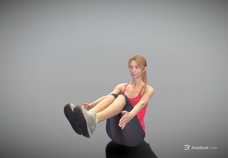 A Woman Doing Sit Ups In Red Tank Top And Dark Leggings With Sneakers 3d model 