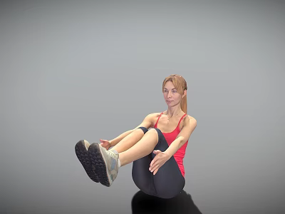 A Woman Doing Sit Ups In Red Tank Top And Dark Leggings With Sneakers 3d model