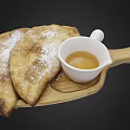 Fluffy Cat Near Wooden Plate With Pasty And Honey Dip On Black Background