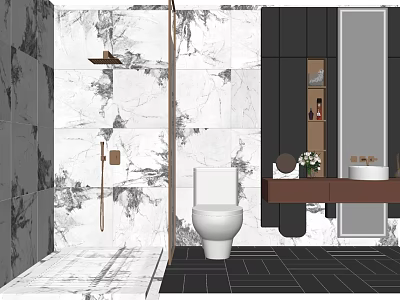 Modern Bathroom Interior Design With Marble Walls Toilet Vanity And Black Floor Tiles 3d model
