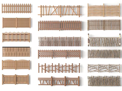 Various Types of Fences Featuring Wooden Bamboo and Different Design Styles 3d model