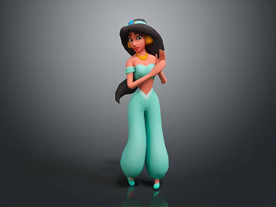 3D Model Character Wearing Light Green Outfit With Loose Pants Headpiece And Shoes 3d model