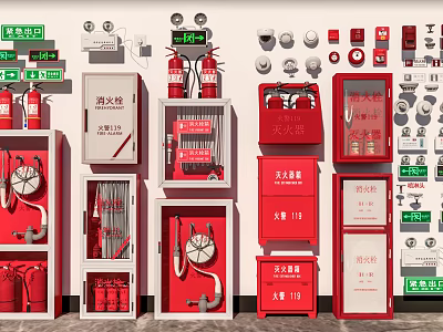 Collection of Fire Equipment Including Extinguishers Hydrants Cabinets and Warning Signs on Indoor Display Wall 3d model