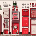 Collection of Fire Equipment Including Extinguishers Hydrants Cabinets and Warning Signs on Indoor Display Wall