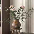 Elegant Pink Flowers Arrangement in Brown Vase on Small Wooden Stool with Striped Wall and Wooden Bookshelf