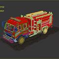Red Fire Truck With Ladder And Firefighting Equipment On Dark Surface
