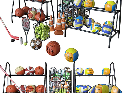 Various Sports Equipment Including Balls Rackets Cones And Storage Racks For Training 3d model