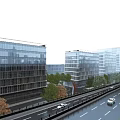 Modern Glass Office Buildings In Urban Setting With Road And Greenery