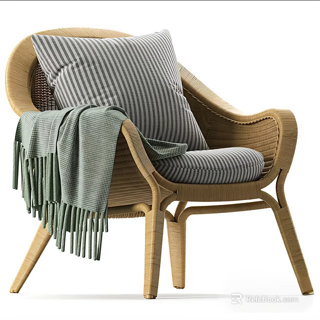 Cozy Rattan Leisure Chair With Striped Cushion And Green Throw Blanket 3d model 