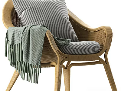 Cozy Rattan Leisure Chair With Striped Cushion And Green Throw Blanket 3d model