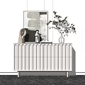 White Vertical Slat Console Table With Table Lamp And Flower Vase In Entryway 3d model