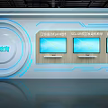 VR Education Themed Background Wall With Three Screens Wooden Panel And Blue Lines