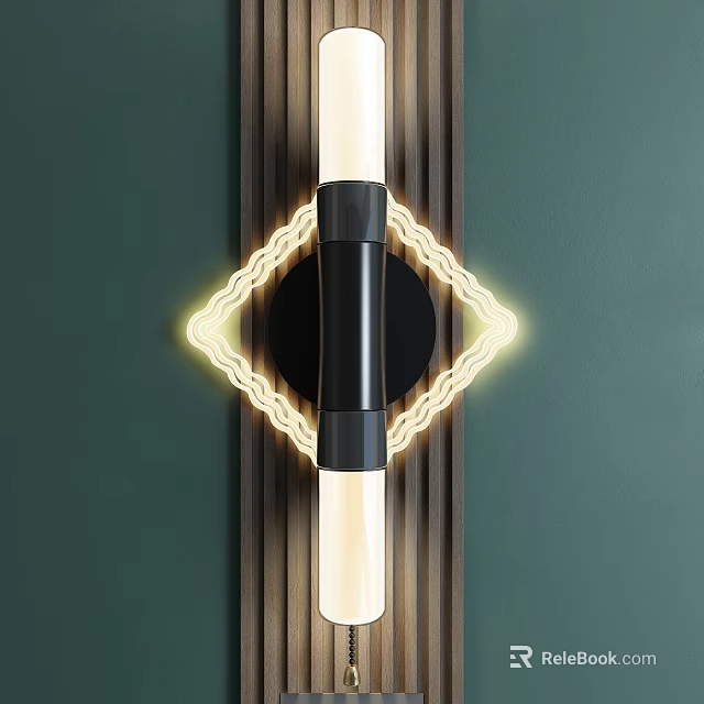 Modern Black Wall Lamp With Wooden Stripes And Yellow Geometric LED On Green Wall 3d model 