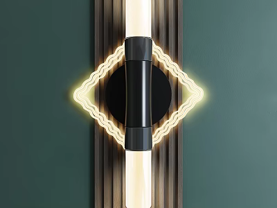 Modern Black Wall Lamp With Wooden Stripes And Yellow Geometric LED On Green Wall 3d model