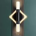 Modern Black Wall Lamp With Wooden Stripes And Yellow Geometric LED On Green Wall